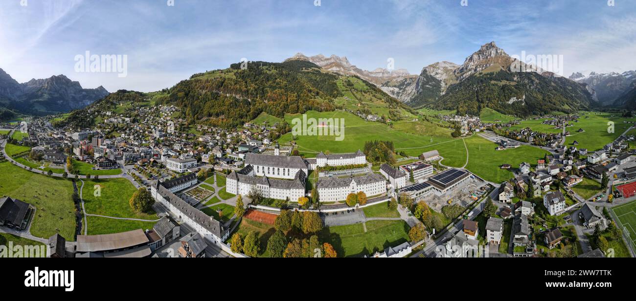 Drone view at a the convent of Engelberg on the Swiss alps Stock Photo ...
