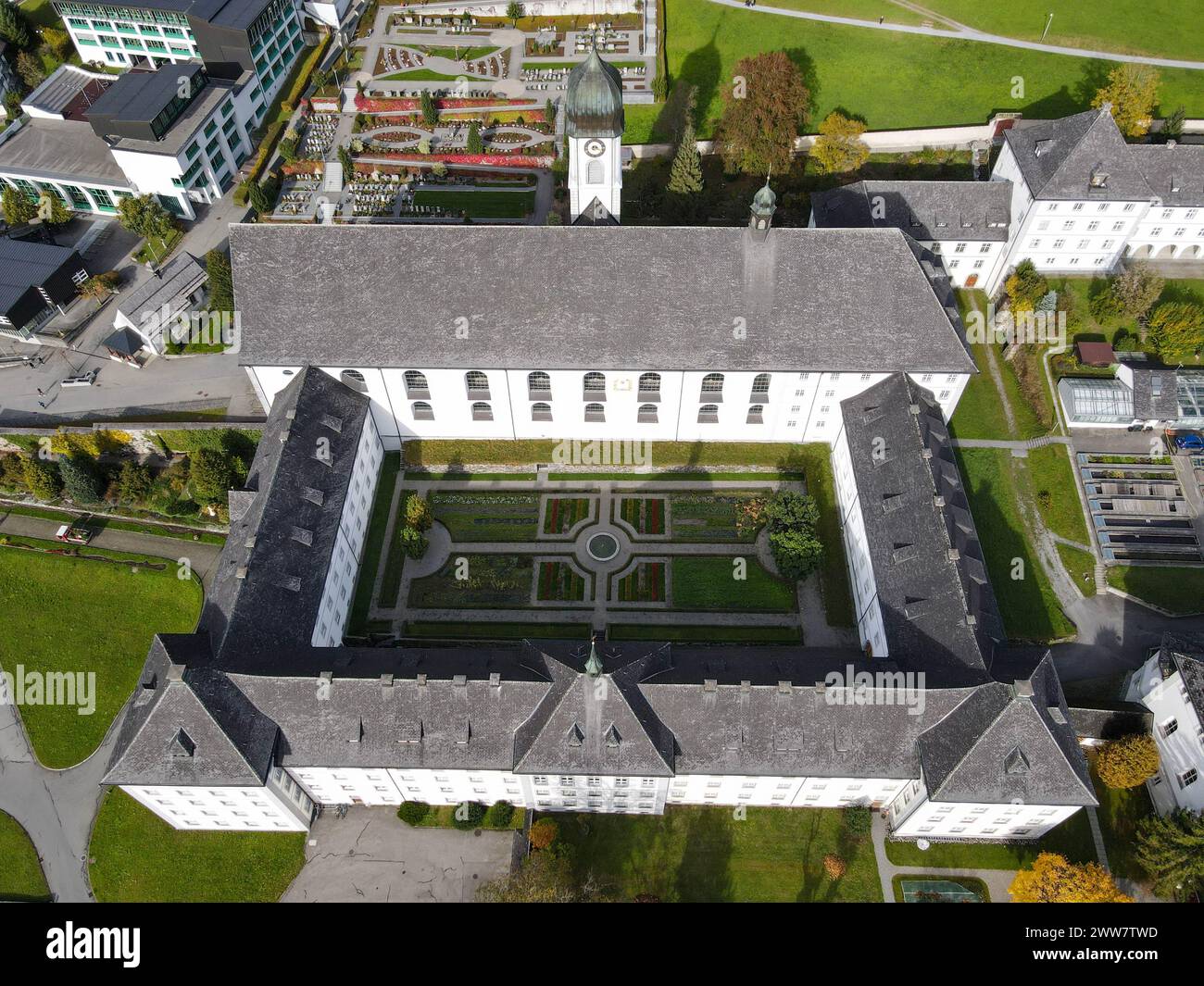 Drone view at a the convent of Engelberg on the Swiss alps Stock Photo ...