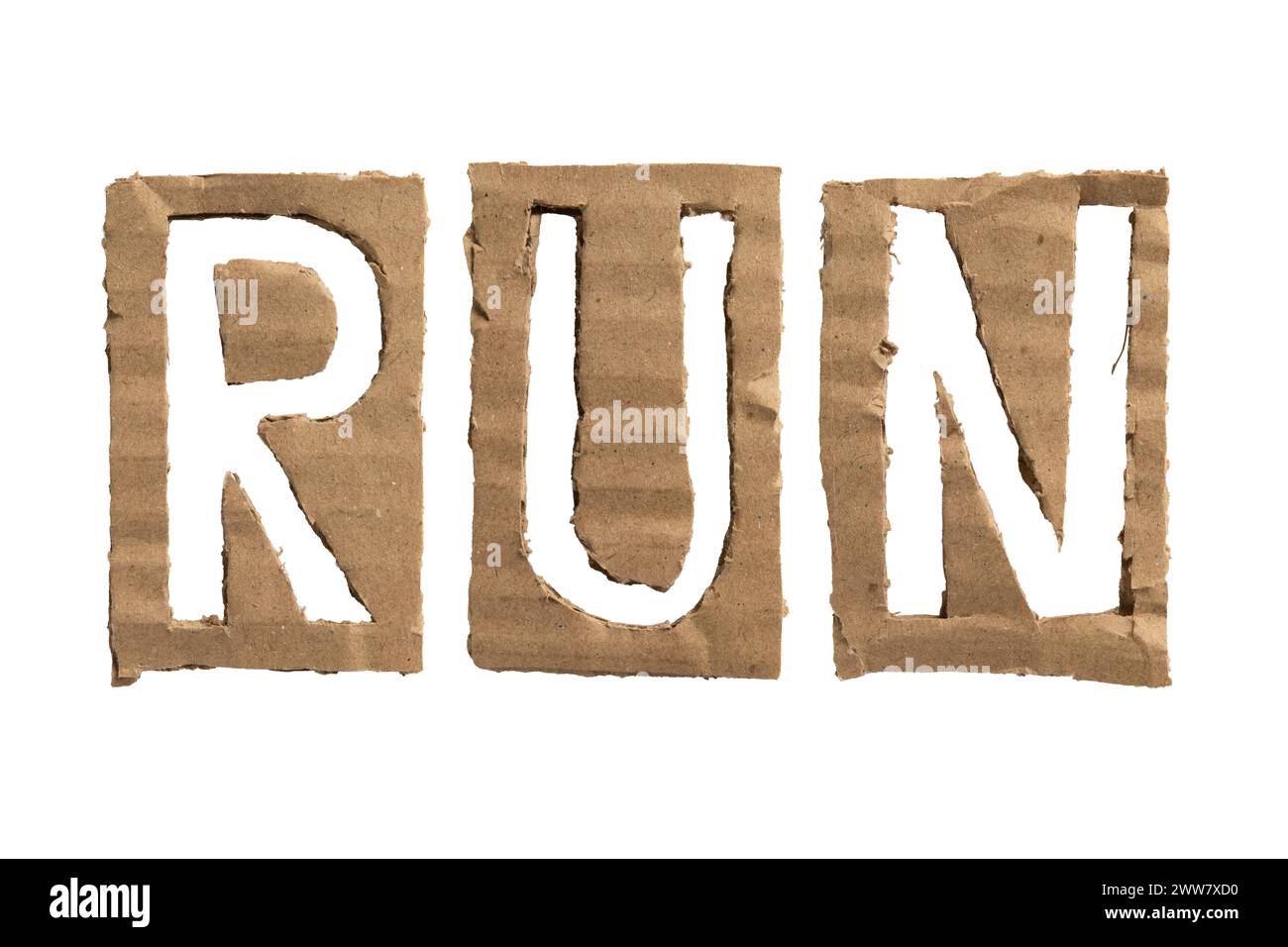 A word 'RUN' crafted from a cardboard on white background with clipping path Stock Photo