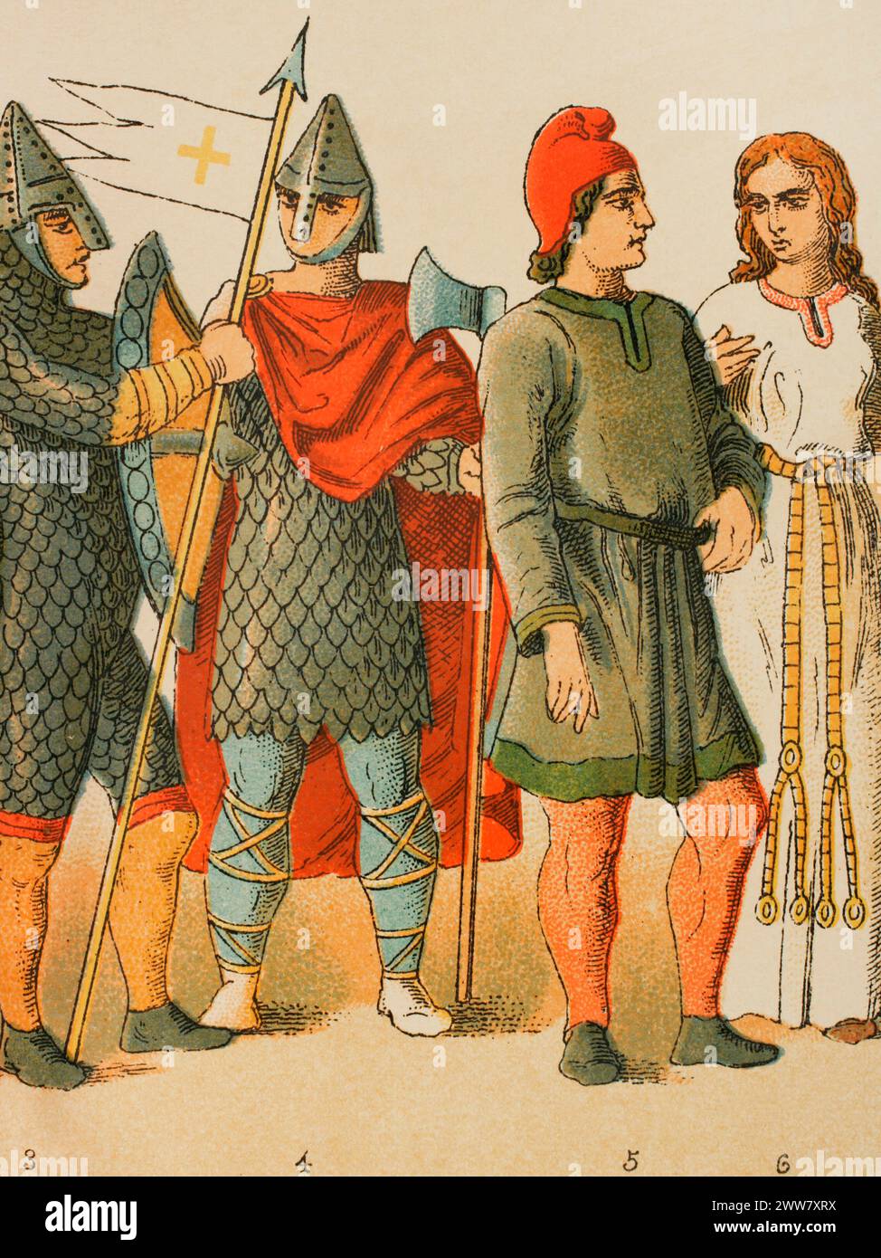 History of France, 1000. From left to right, 3-4: warriors, 5-6: ordinary people. Chromolithography. 'Historia Universal', by César Cantú. Volume V, 1884. Stock Photo