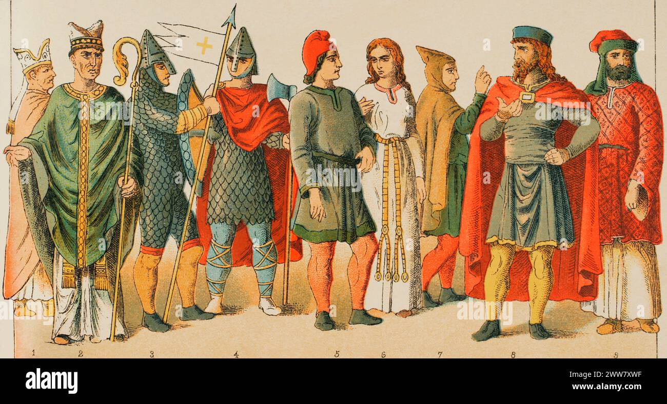 History of France, 1000. From left to right, 1-2: bishops, 3-4: warriors, 5-6-7: ordinary people, 8-9: noblemen. Chromolithography. 'Historia Universal', by César Cantú. Volume V, 1884. Stock Photo