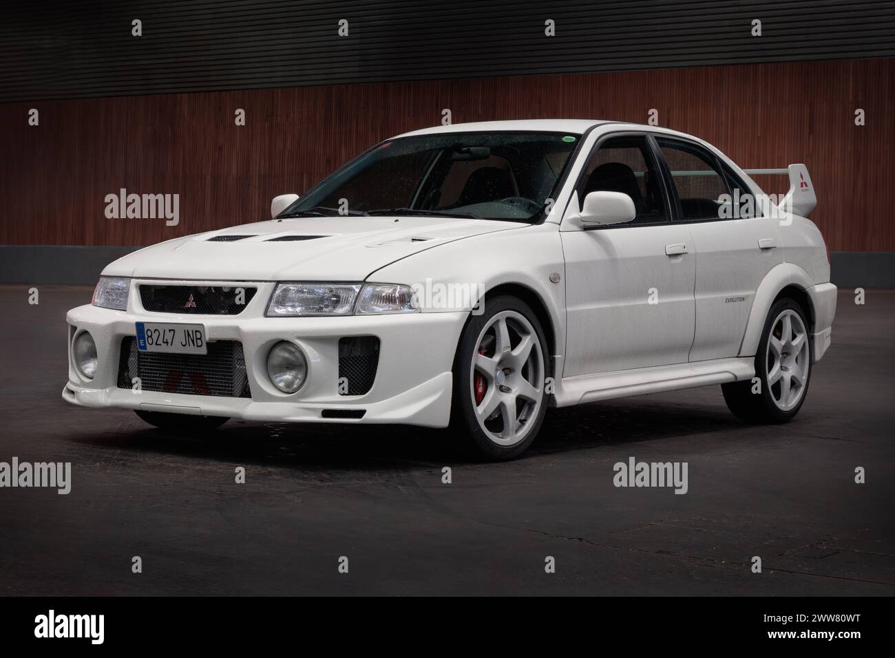 Bilbao, Spain-November 11, 2023: Mitsubishi Lancer Evolution V (Evo) in indoor parking Stock Photo