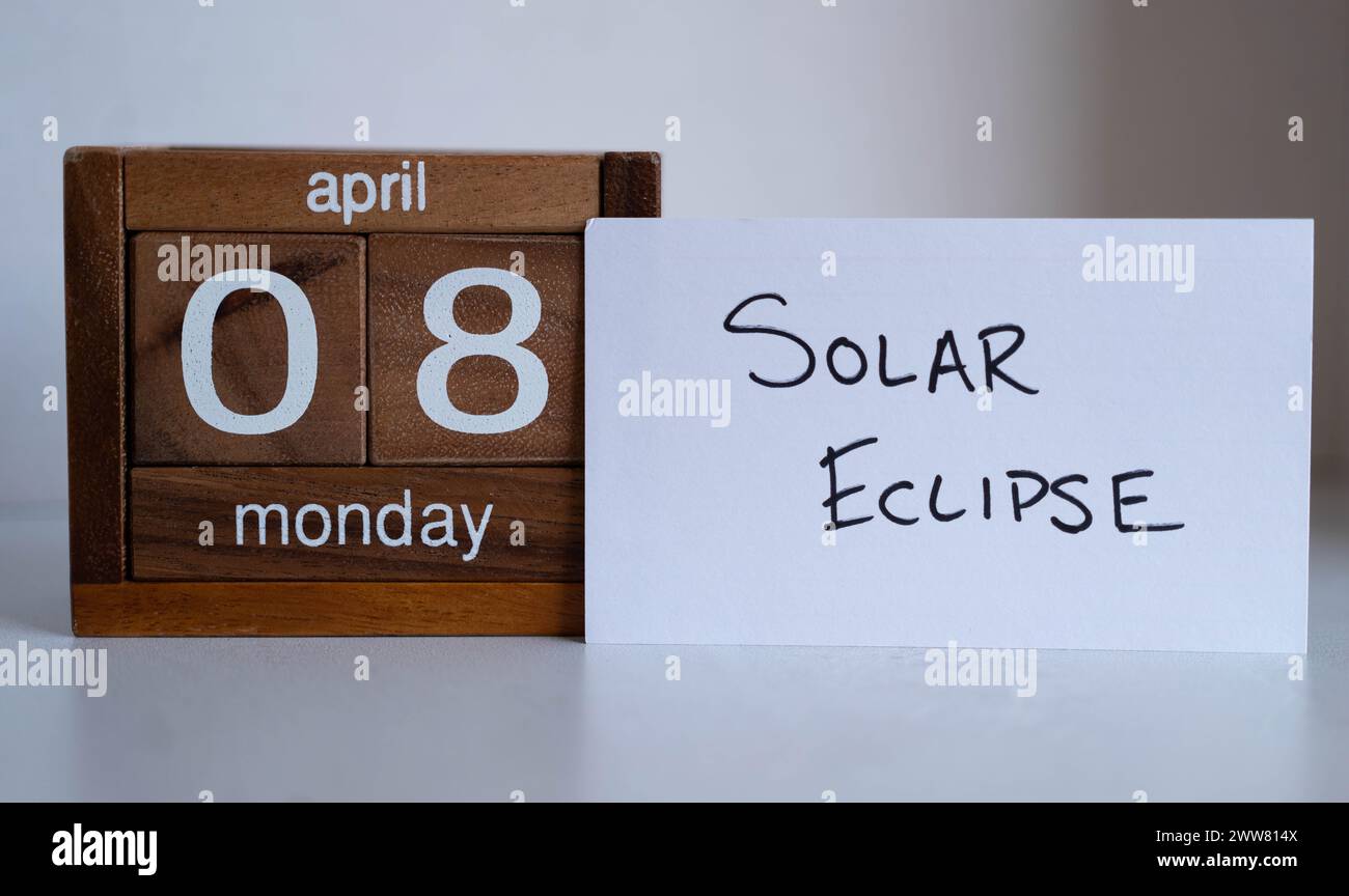 Calendar reminder about the solar eclipse on Monday, April 8, 2024. Stock Photo