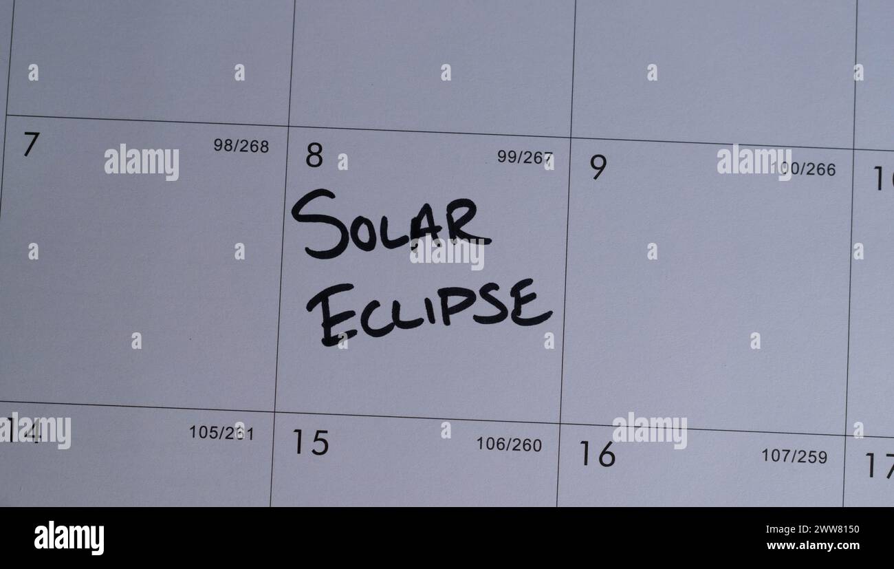 Calendar reminder about the solar eclipse on Monday, April 8, 2024. Stock Photo