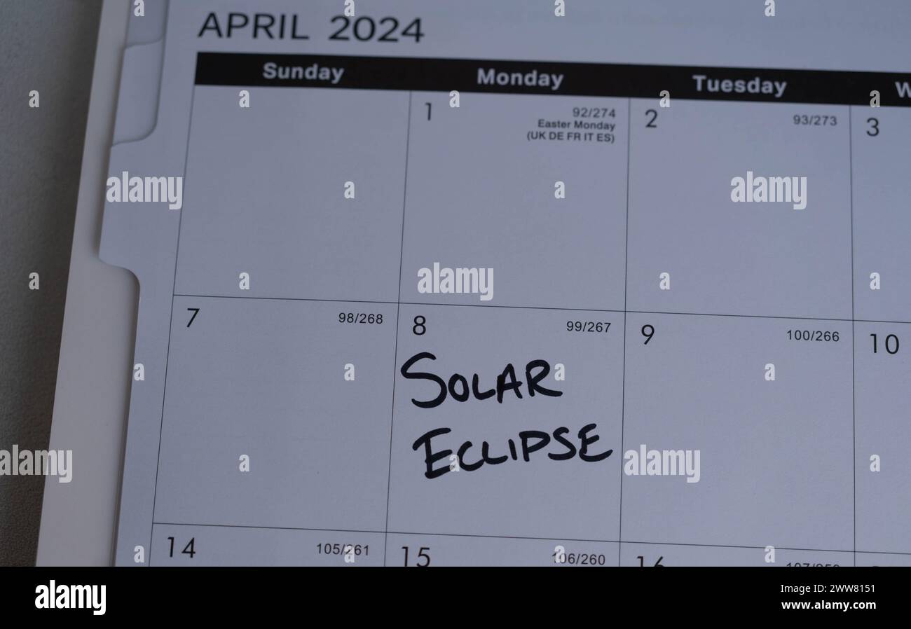 Calendar reminder about the solar eclipse on Monday, April 8, 2024. Stock Photo