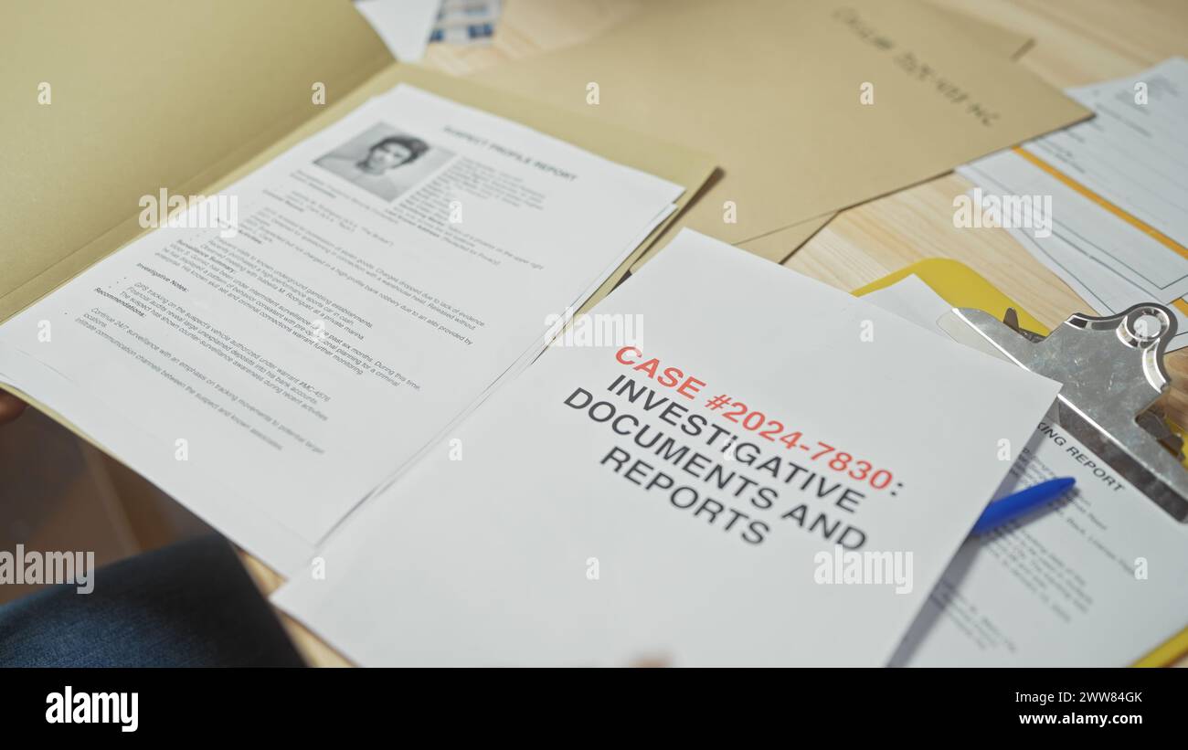 A focused investigation scene with a detailed case report, profile, and clipboard on an office desk, implying detective work. Stock Photo