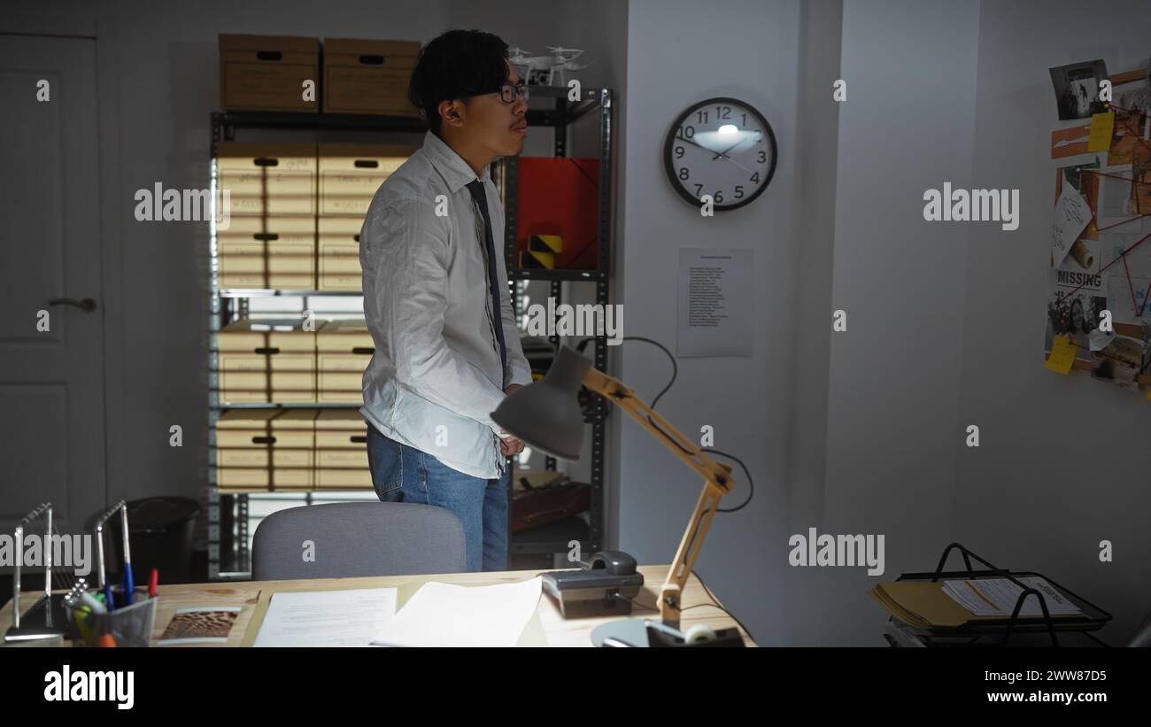 Asian detective man analyzes case in cluttered police office, surrounded by evidence, files, and clock. Stock Photo