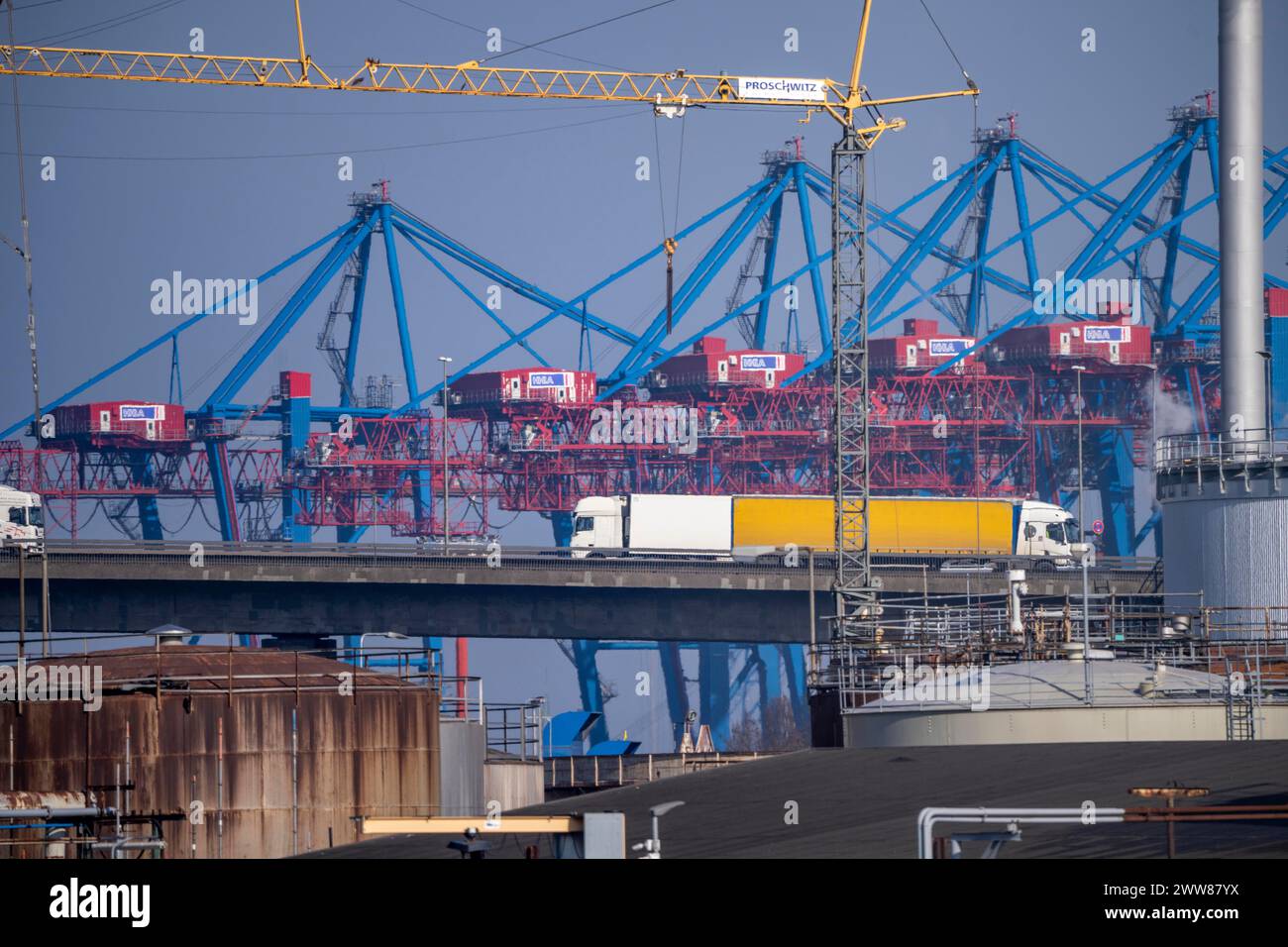 Ramp of the Köhlbrand Bridge in the Port of Hamburg, behind the ...