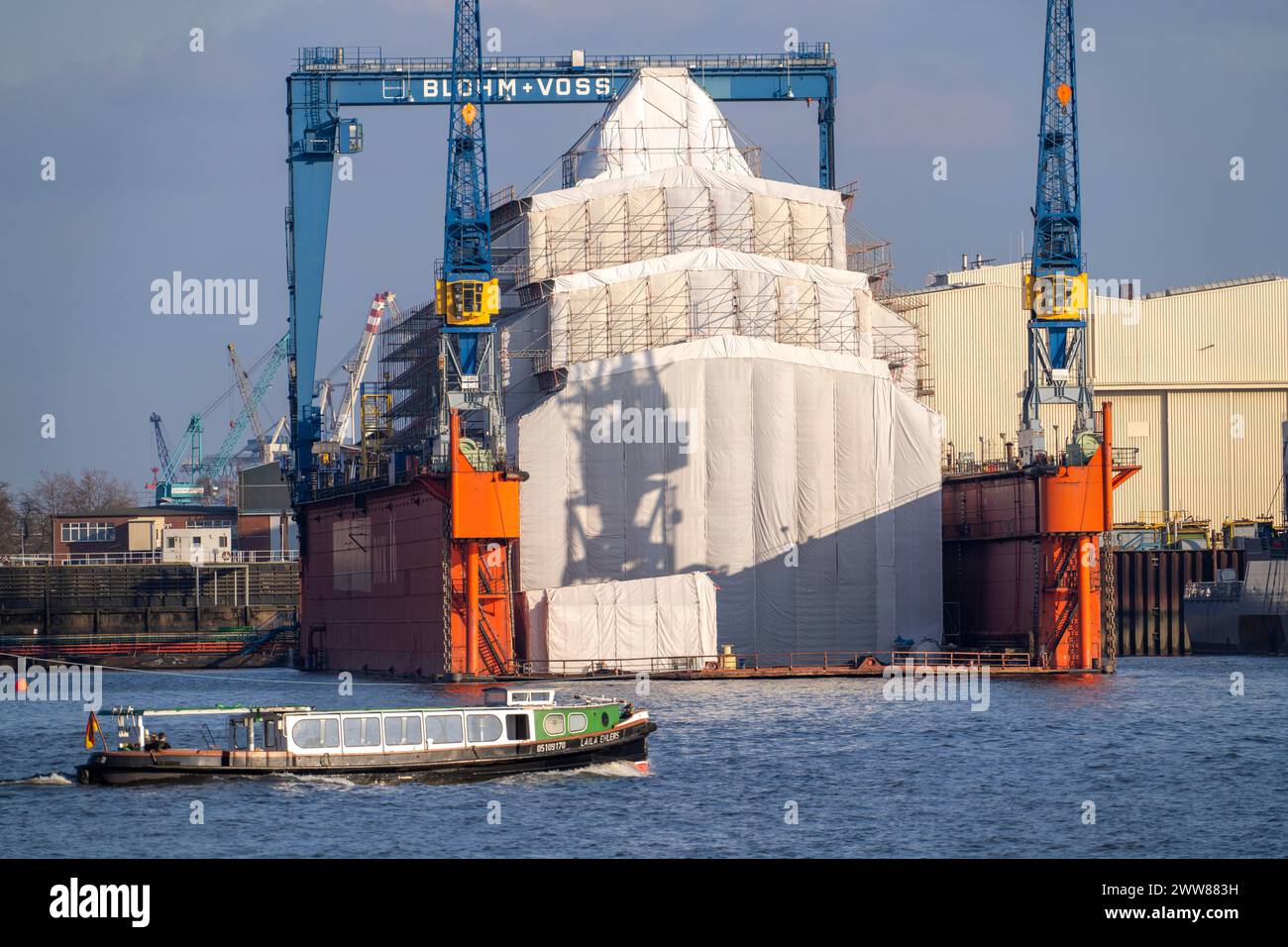 Blohm + Voss shipyard, Dock 16, scaffolded ship in dry dock, harbor tour on the Elbe, Hamburg