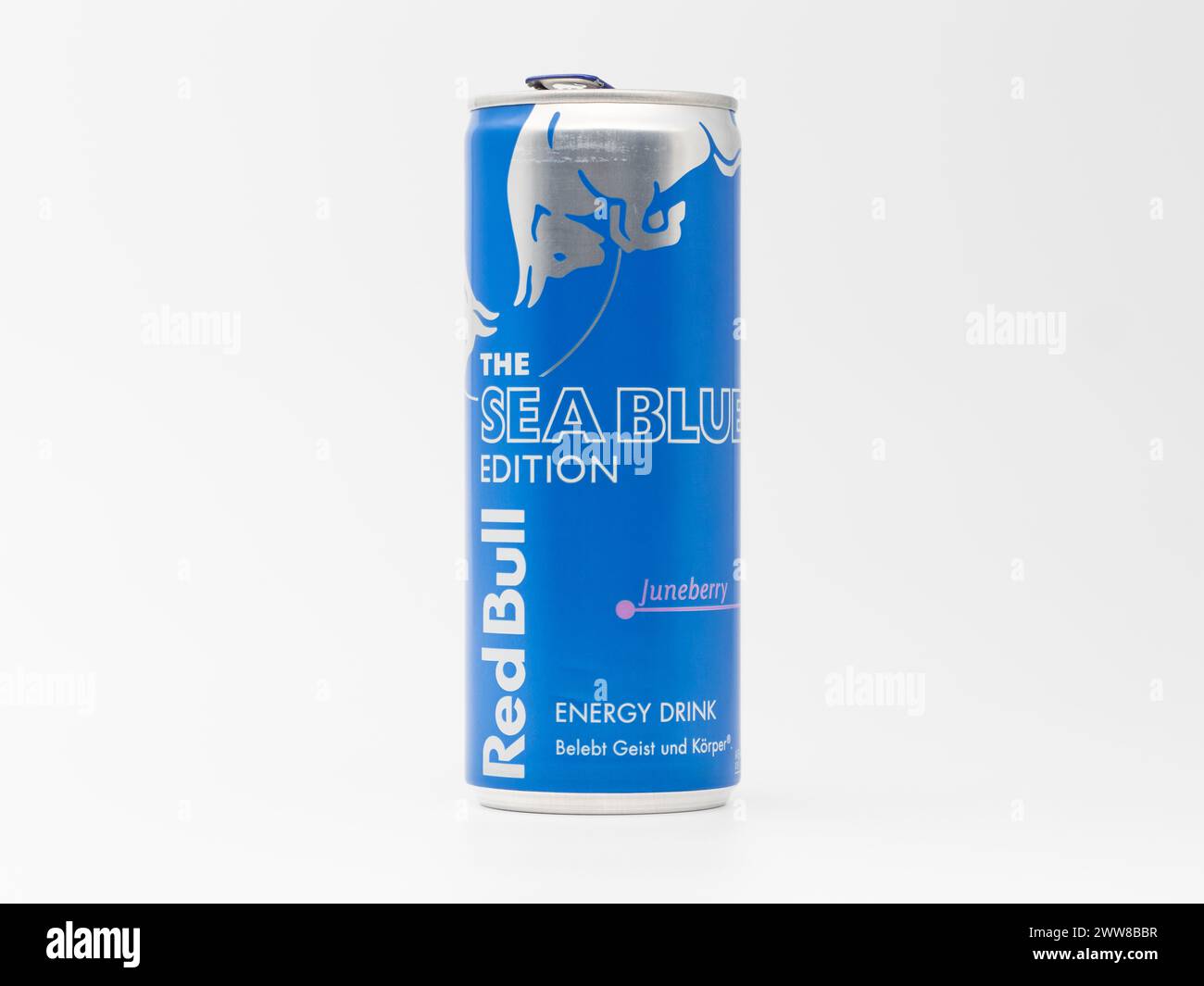 Red Bull Sea Blue Edition energy drink can. The flavor is Juneberry and ...