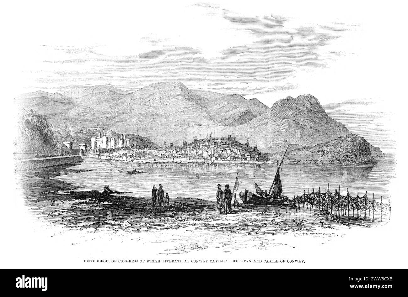 Vintage engraving showing Conwy  Castle and Town, Wales, 1861 Stock Photo