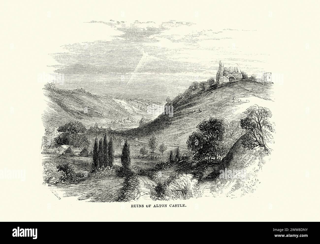 Vintage engraving of Ruins of Alton Castle, Alton Castle is a Gothic-revival castle, located on a hill above the Churnet Valley, in the village of Alton, Staffordshire. The site has been fortified since Saxon times, with the original castle dating from the 12th-century. 1869 Stock Photo