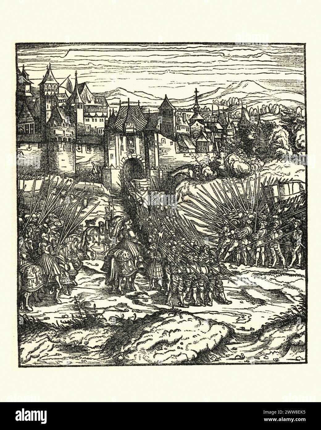 Vintage engraving of Prison of the King of the Dragon, woodcut after Hans Burgkmair. Der Weisskunig or The White King is a chivalric novel and thinly disguised biography of the Holy Roman Emperor, Maximilian I. Stock Photo
