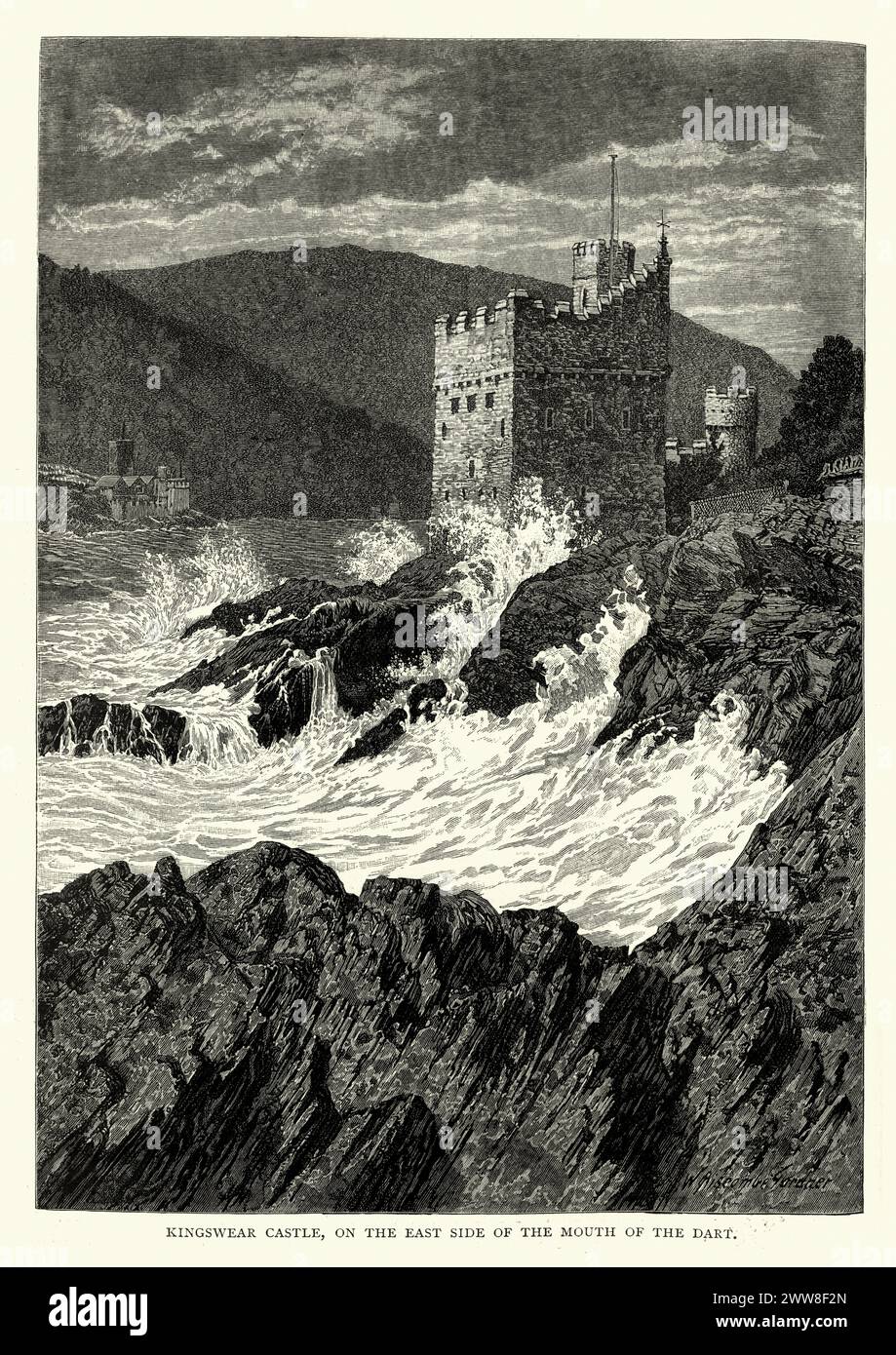 Vintage engraving of Kingswear Castle, Devon, England 19th Century. Kingswear Castle is an artillery fort, built to protect Dartmouth harbour in Devon, England. It was constructed between 1491 and 1502 Stock Photo