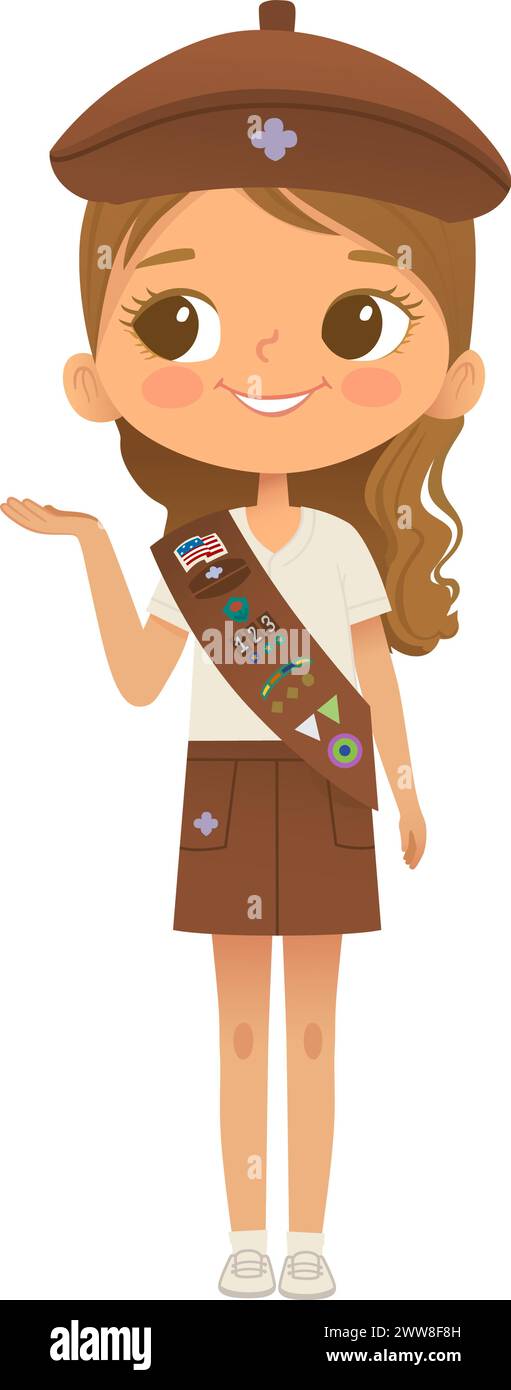 Young smiling girl scout wearing sash with badges isolated on white background. Female scouter, Brownie ligue Scout Girls troop Stock Vector