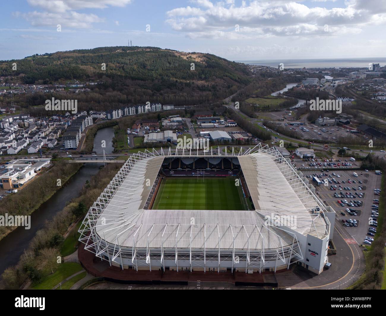 Swansea, UK. 22nd March 2024. Aerial view of the Stadium in
