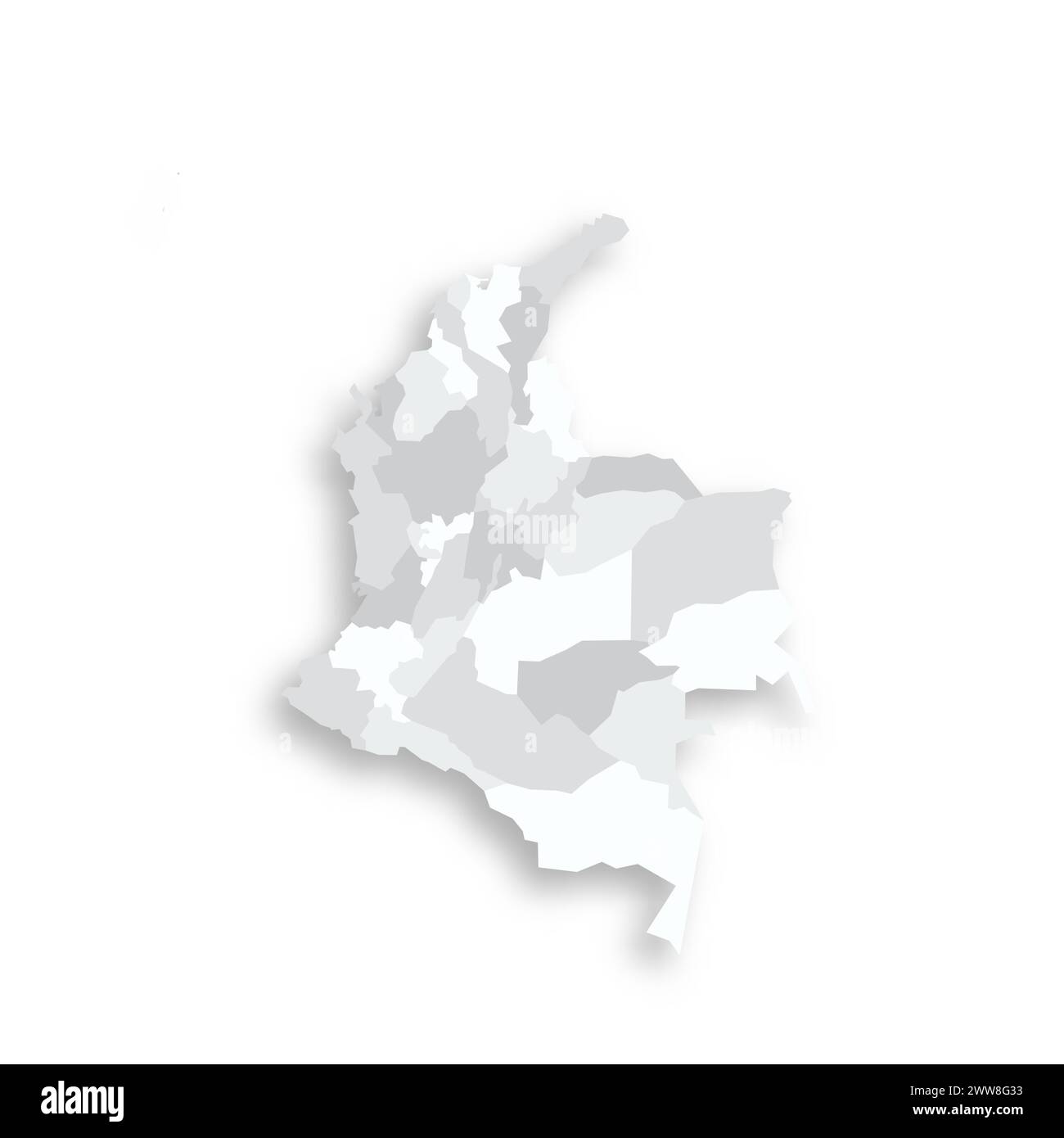 Colombia political map of administrative divisions - departments and capital district. Grey blank flat vector map with dropped shadow. Stock Vector