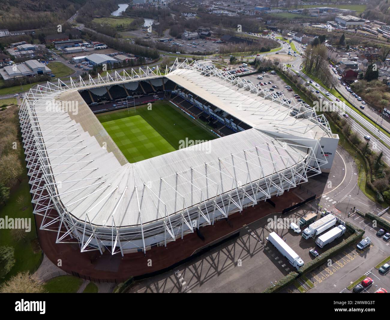 Swansea, UK. 22nd March 2024. Aerial view of the Stadium in