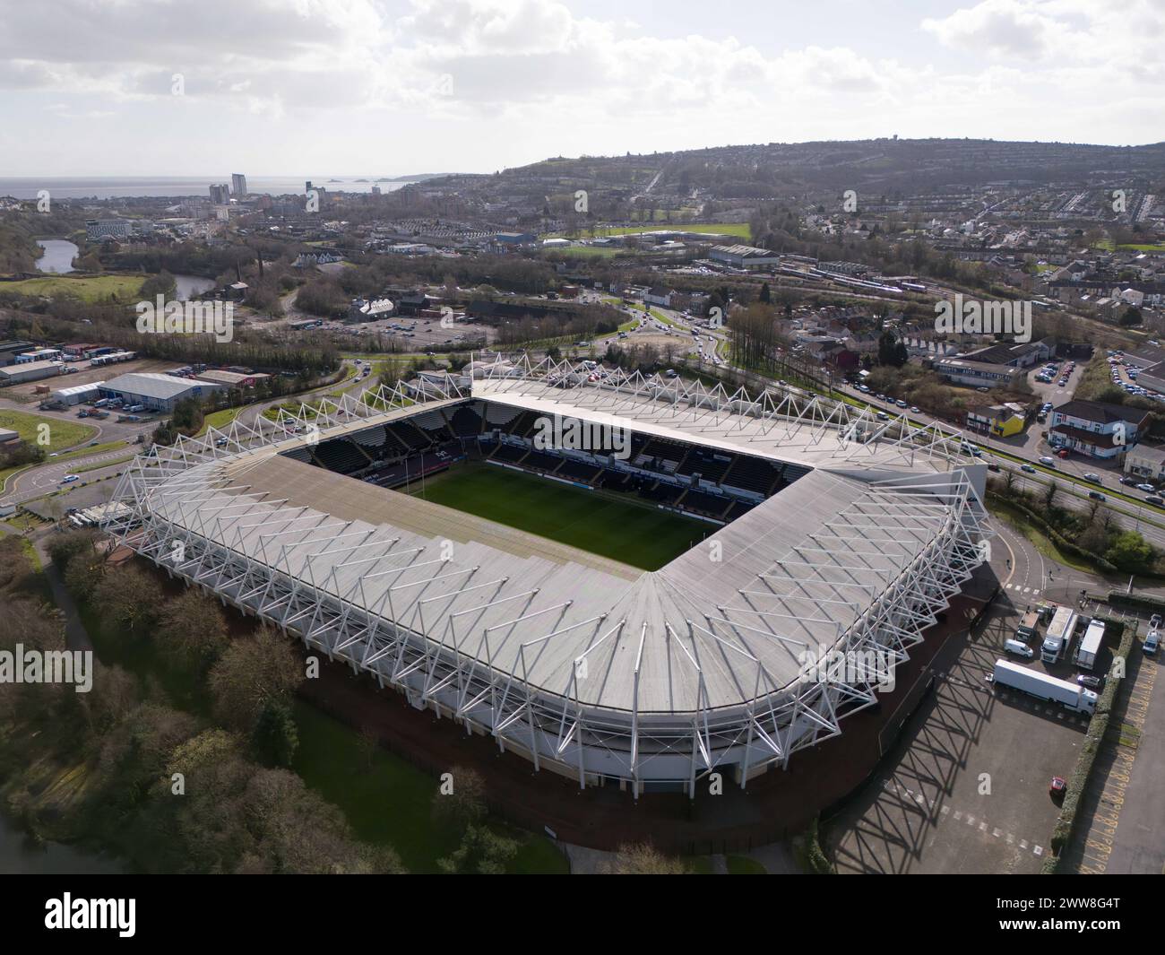 Swansea, UK. 22nd March 2024. Aerial view of the Stadium in