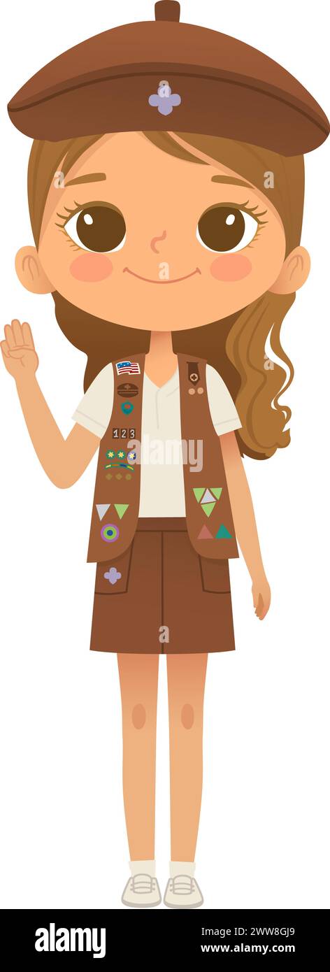 Young smiling girl scout wearing sash with badges isolated on white background. Female scouter, Brownie ligue Scout Girls troop Stock Vector
