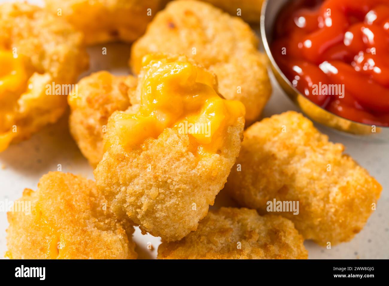 Deep Fried Macaroni and Cheese Bites with Ketchup for Dipping Stock