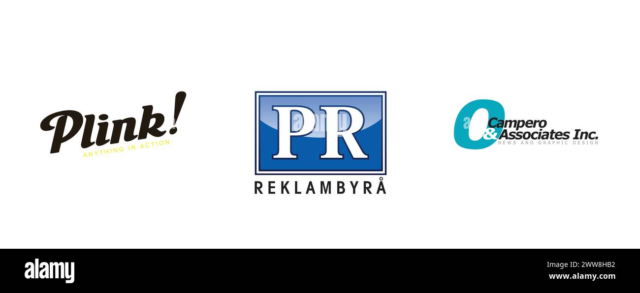 ocampero&associates inc, Plink, PR Reklambyrå.Arts and design editorial logo collection. Stock Vector
