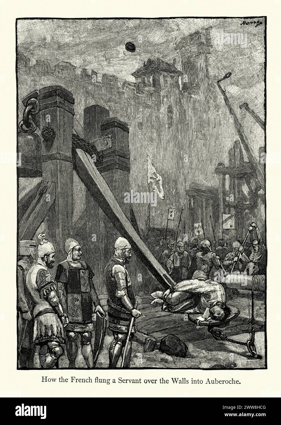 Vintage engraving of a scene from the Hundred Years War, french soldiers throw a man over the walls of Auberoche, Aquitaine, France, using a medieval catapult. Stock Photo