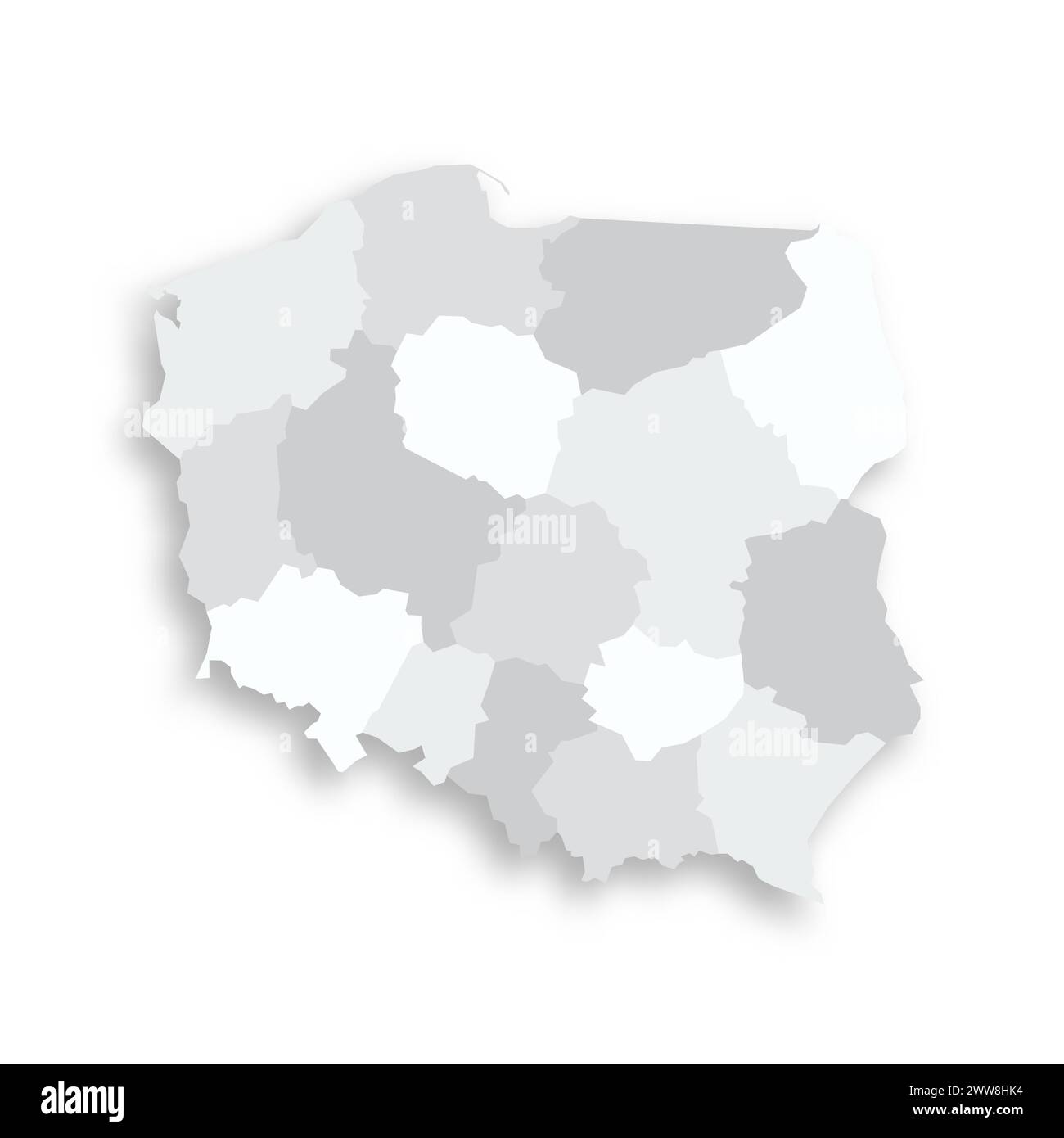 Poland Political Map Of Administrative Divisions Voivodeships Grey Poland Political Map Of Administrative Divisions Voivodeships Grey Blank Flat Vector Map With Dropped Shadow 2WW8HK4 