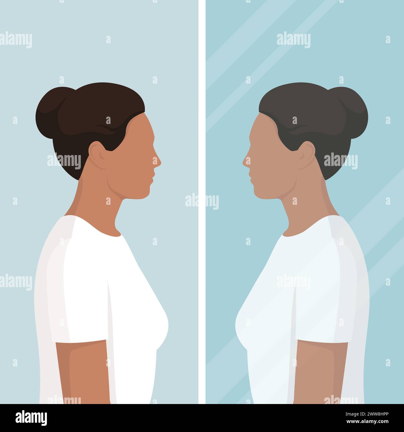 Young woman looking at herself in the mirror: identity and self-awareness concept Stock Vector