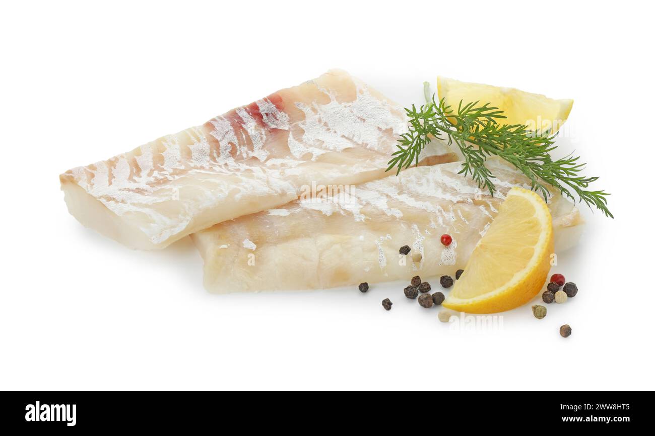 Fresh Cod Alive Fresh raw cod fillets with peppercorns, dill and lemon isolated on ...