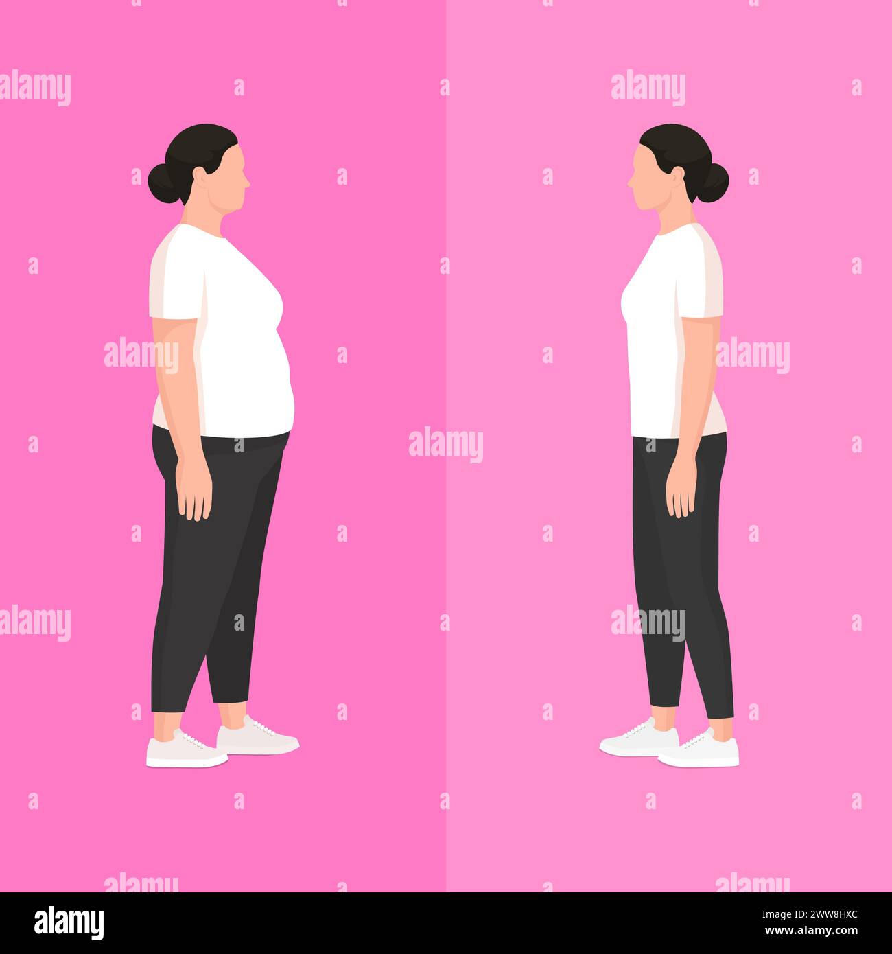 Same woman overweight and with fit body: fitness concept Stock Vector