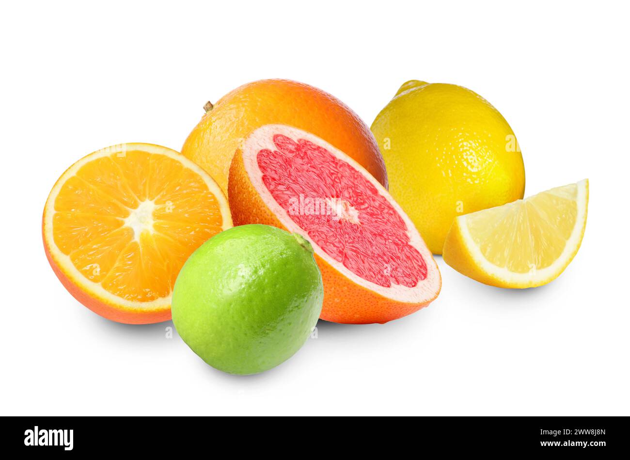 Citrus fruits. Fresh oranges, grapefruit, lemons and lime on white background Stock Photo