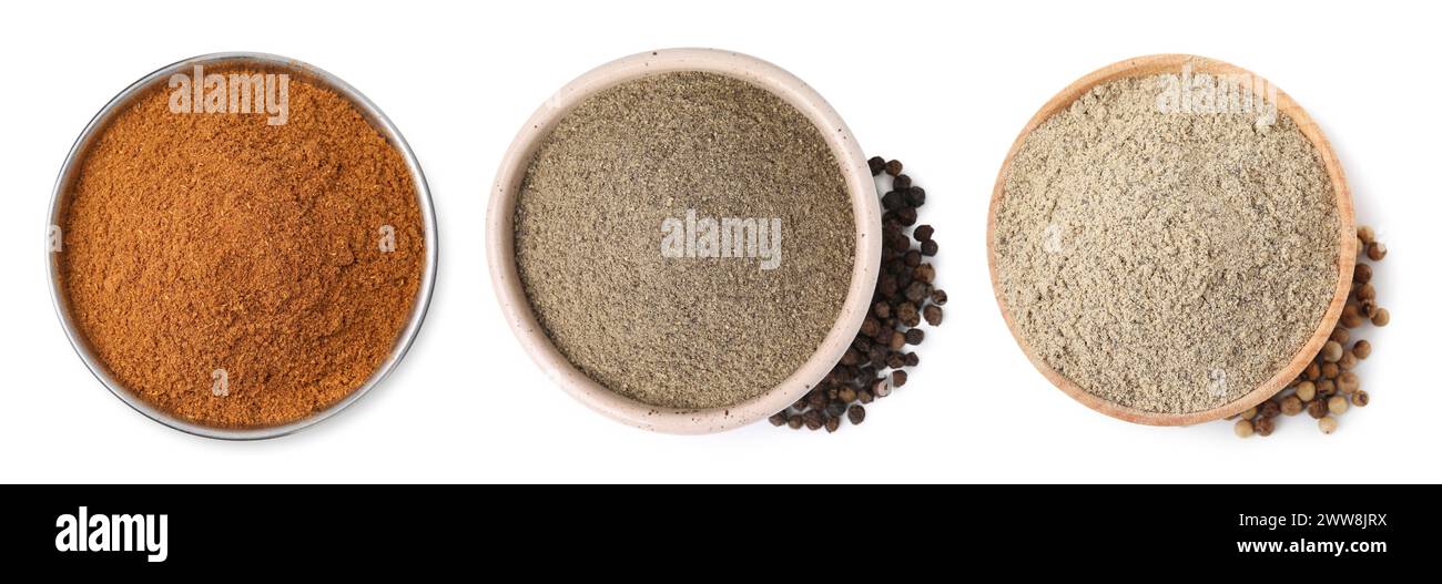 Aromatic spices. Different types of ground pepper in bowls and