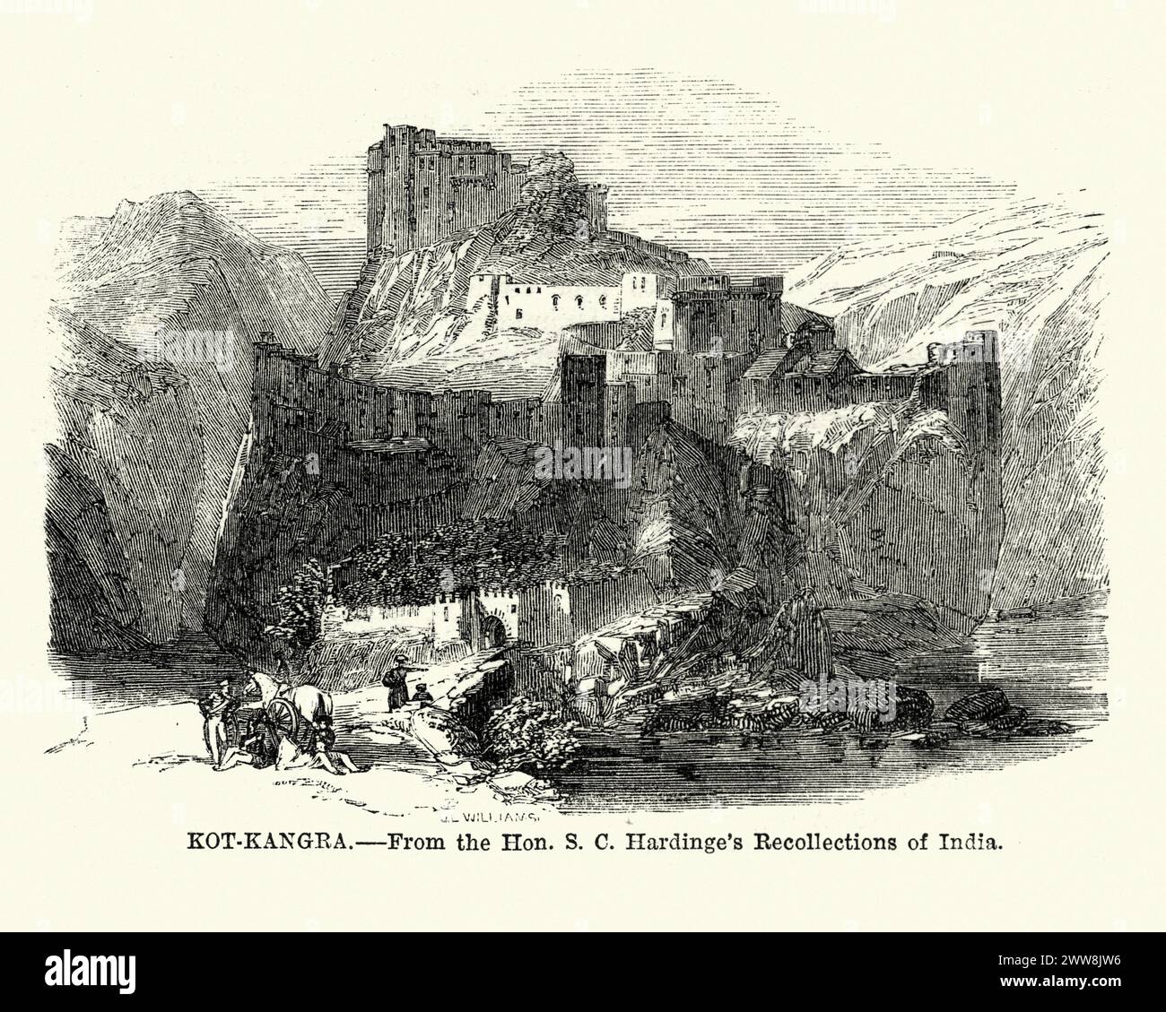 Vintage engraving of Kangra Fort, India 19th Century. The Kangra Fort