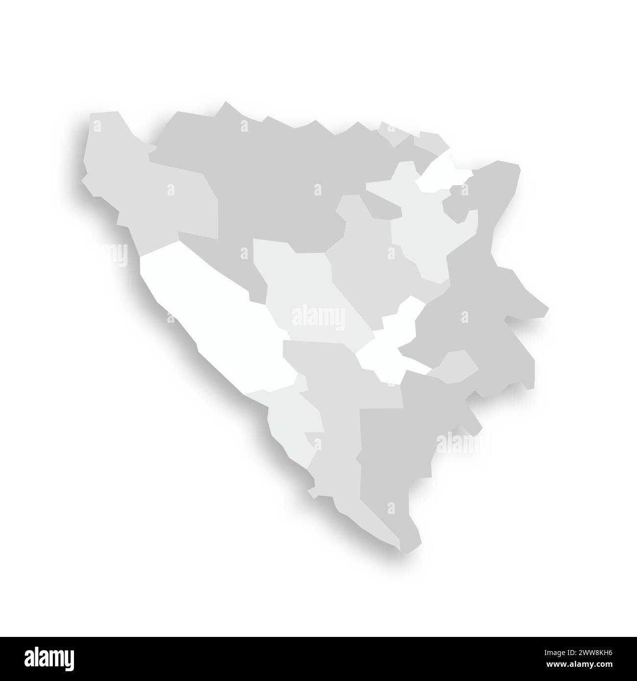 Bosnia and Herzegovina political map of administrative divisions - cantons of Federation of Bosnia and Herzegovina and Republika Srpska. Grey blank flat vector map with dropped shadow. Stock Vector