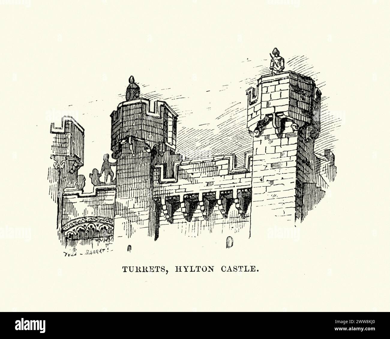 Vintage engraving of Medieval architecture, Turrets, Hylton Castle, Sunderland. A stone castle in the North Hylton area of Sunderland, 14th to early 15th century, Gothic Stock Photo