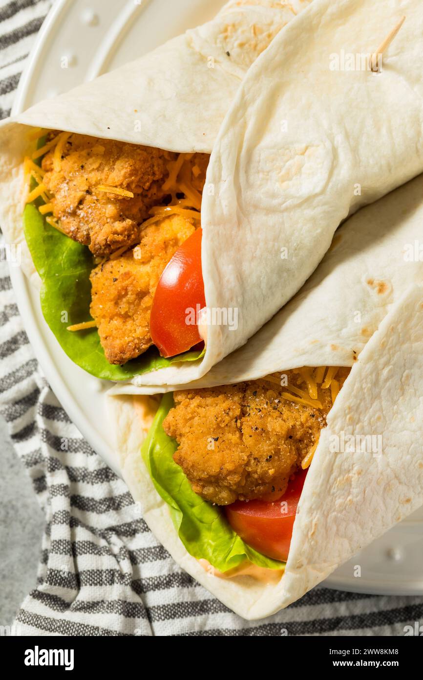 Healthy Homemade Fried Chicken Wrap with Tomato and Lettuce Stock Photo