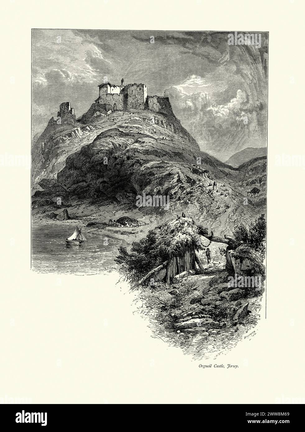 Vintage illustration of Orgueil Castle, Jersey, 19th Century Mont Orgueil is a castle in Jersey that overlooks the harbour of Gorey. It is also called Gorey Castle by English-speakers, and lé Vièr Châté by Jèrriais-speakers. The site had been fortified in the prehistoric period, but the construction of the castle was undertaken following the division of the Duchy of Normandy in 1204. The castle was first mentioned in 1212. Stock Photo