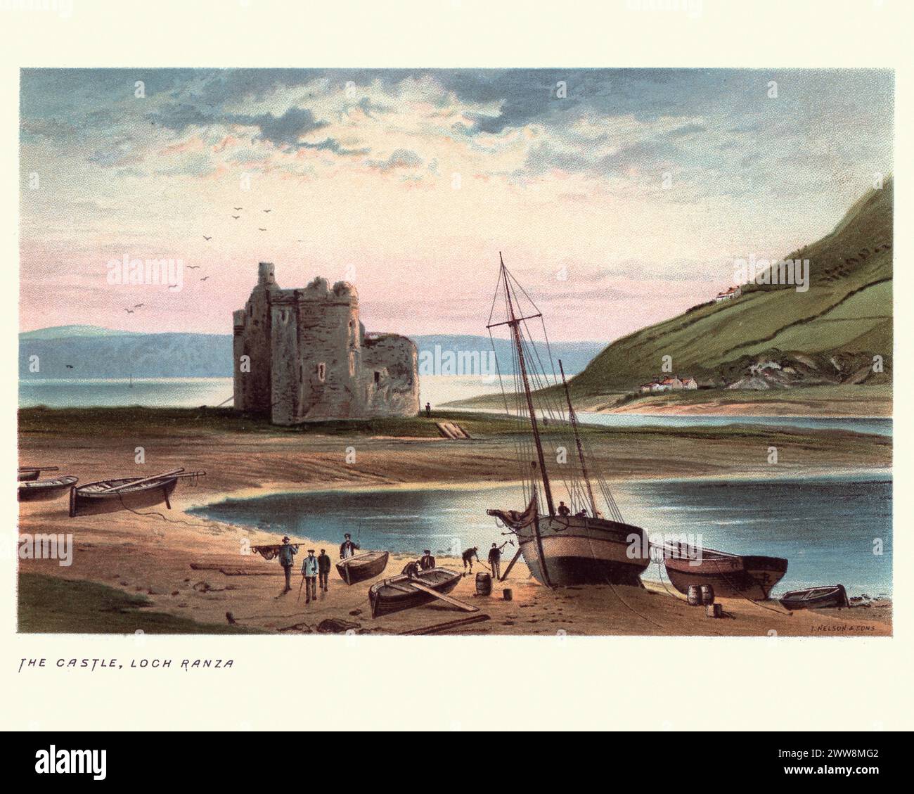 Vintage engraving of Lochranza Castle, Isle of Arran in Scotland, 19th Century Stock Photo