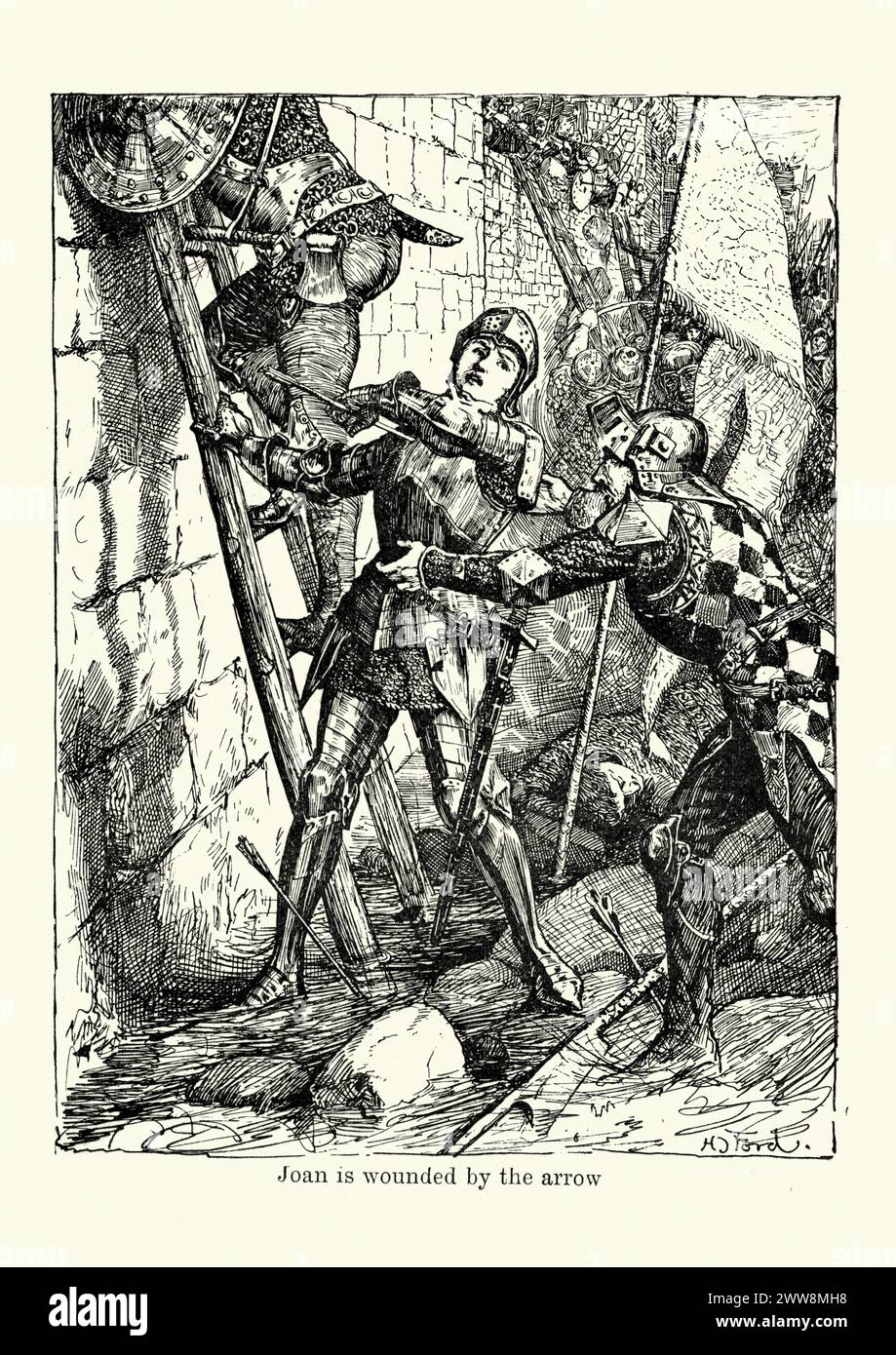 Vintage engraving shwoing a scene from the life of Joan of Arc. Joan of Arc  c. 1412 to 1431, nicknamed The Maid of Orleans is considered a heroine of France for her role during the Hundred Years War. Joan of Arc is wounded by the arrow while storming the castle walls. Stock Photo