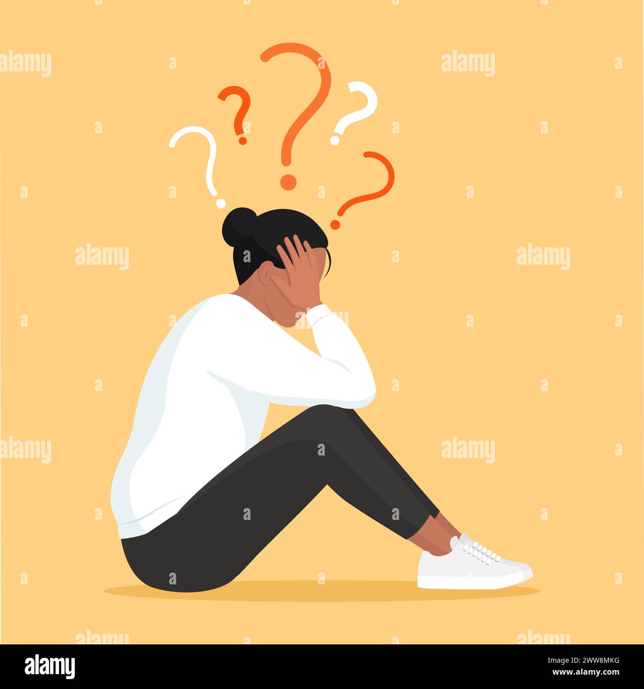 Confused young woman thinking with head in hands, she is stressed and she has many doubts Stock Vector