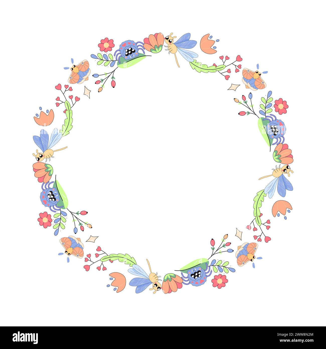 Congratulations frame, with flowers, plants and maple moth, butterfly insects. on white Stock Vector