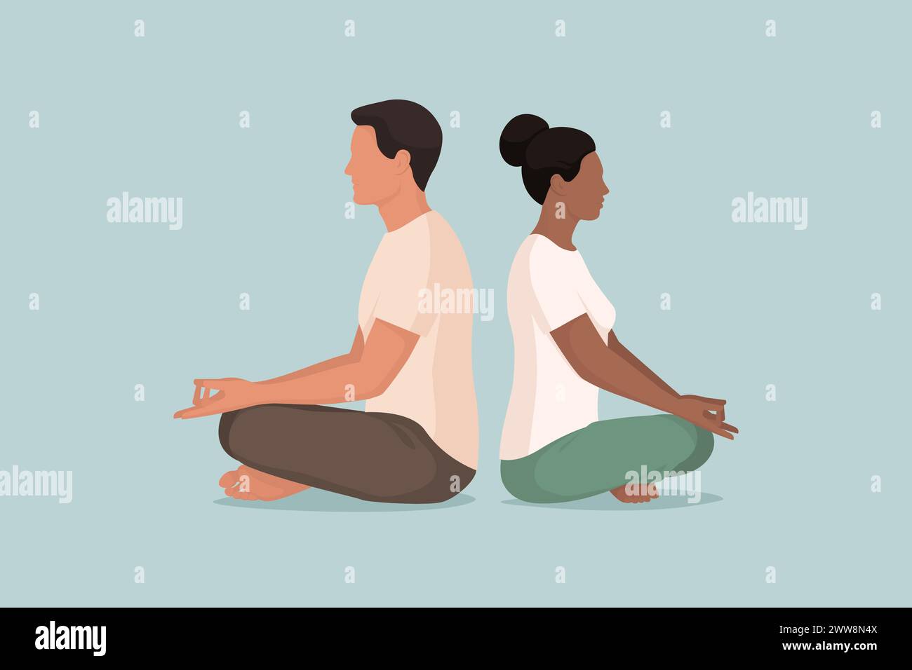 Multiethnic couple practicing meditation together, mindfulness and relaxation concept Stock Vector