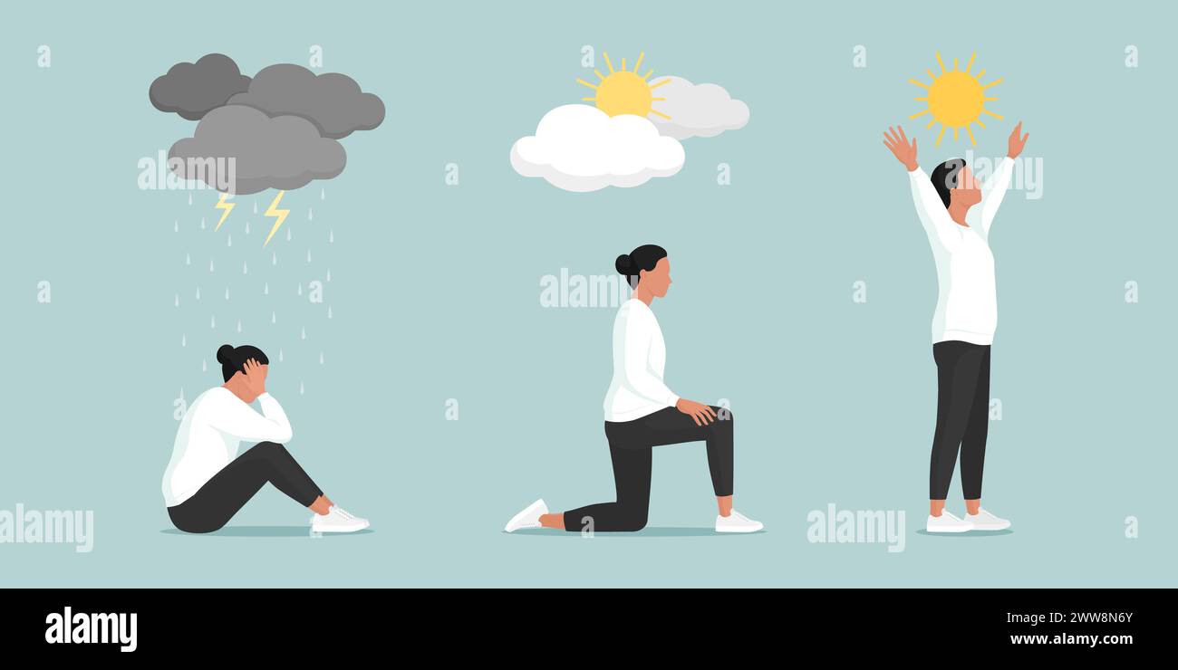 Woman overcoming depression and improving her mood: mental health, mind and therapy concept Stock Vector