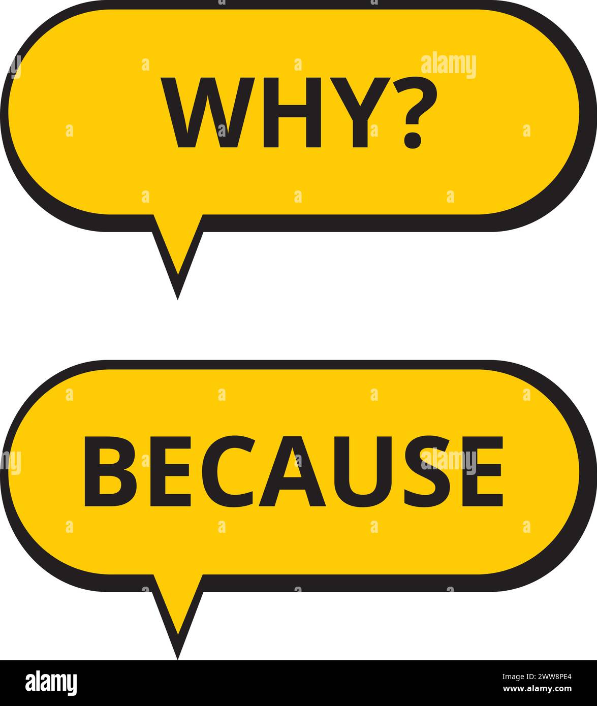 Yellow speech bubbles with why and because words on a white background ...
