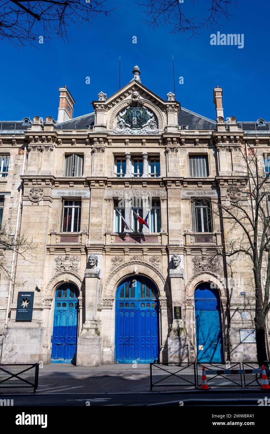 Exterior view of the Lycée Voltaire, a Parisian public general and ...