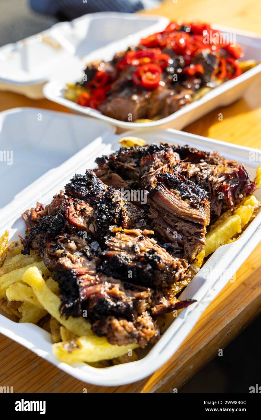 Brisket loaded fries at Holy Smokes BBQ, Bow, London, England Stock Photo