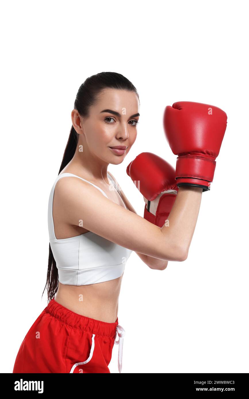 Beautiful woman in boxing gloves on white background Stock Photo