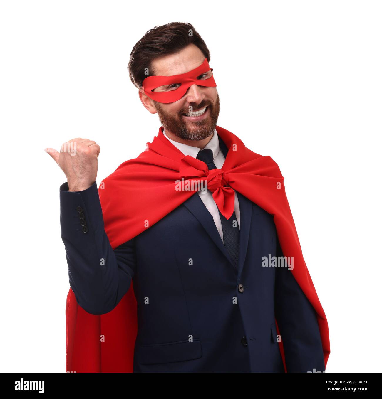 Happy businessman wearing red superhero cape and mask on white ...