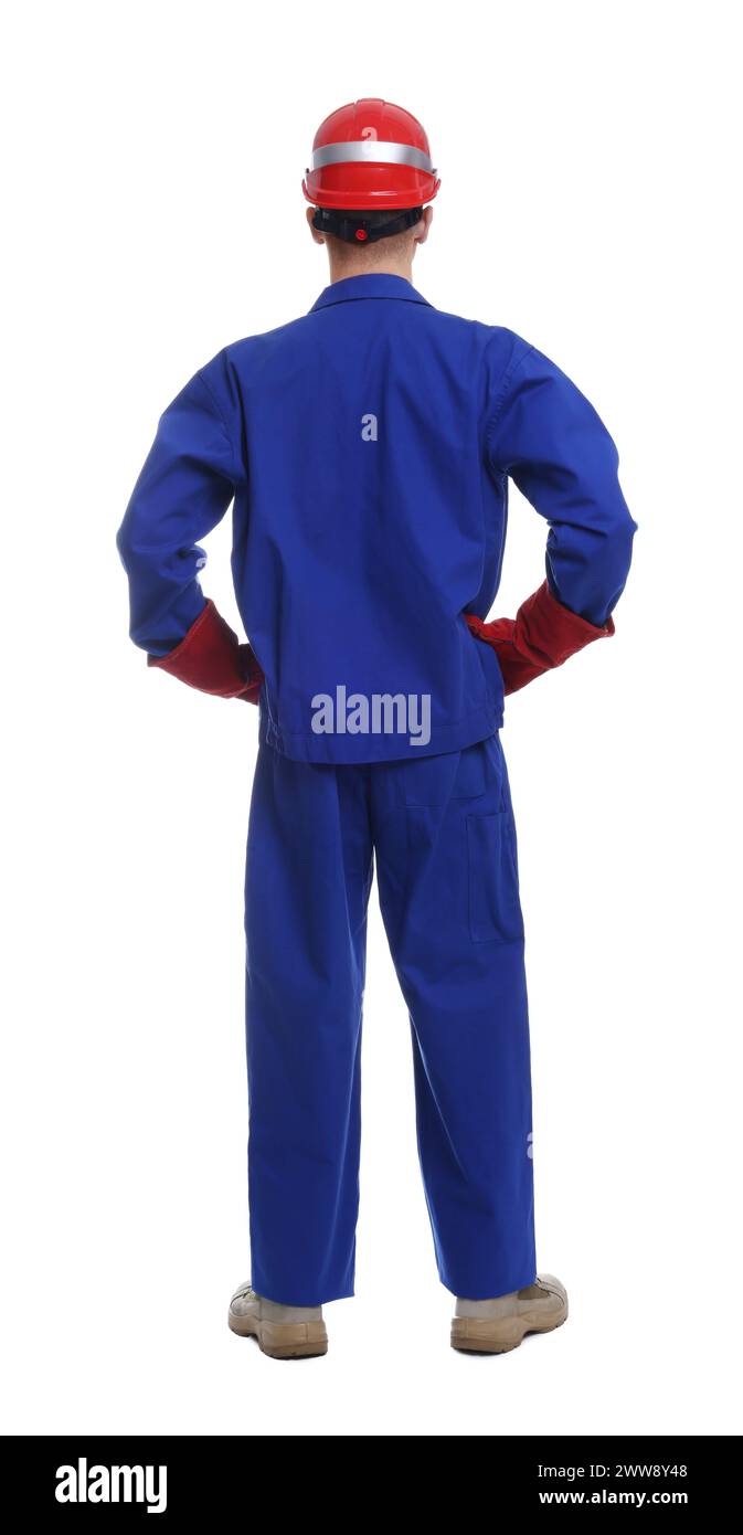 Young man wearing safety equipment on white background, back view Stock ...